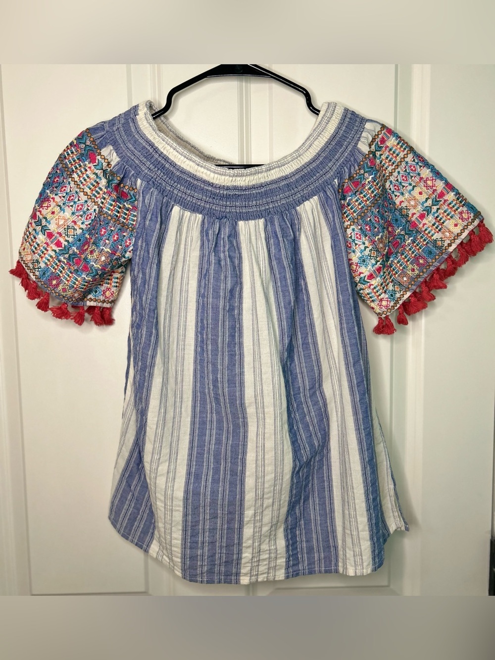 Savanna Jane Blue & White Striped Embroidered Peasant Top with Red Tassels